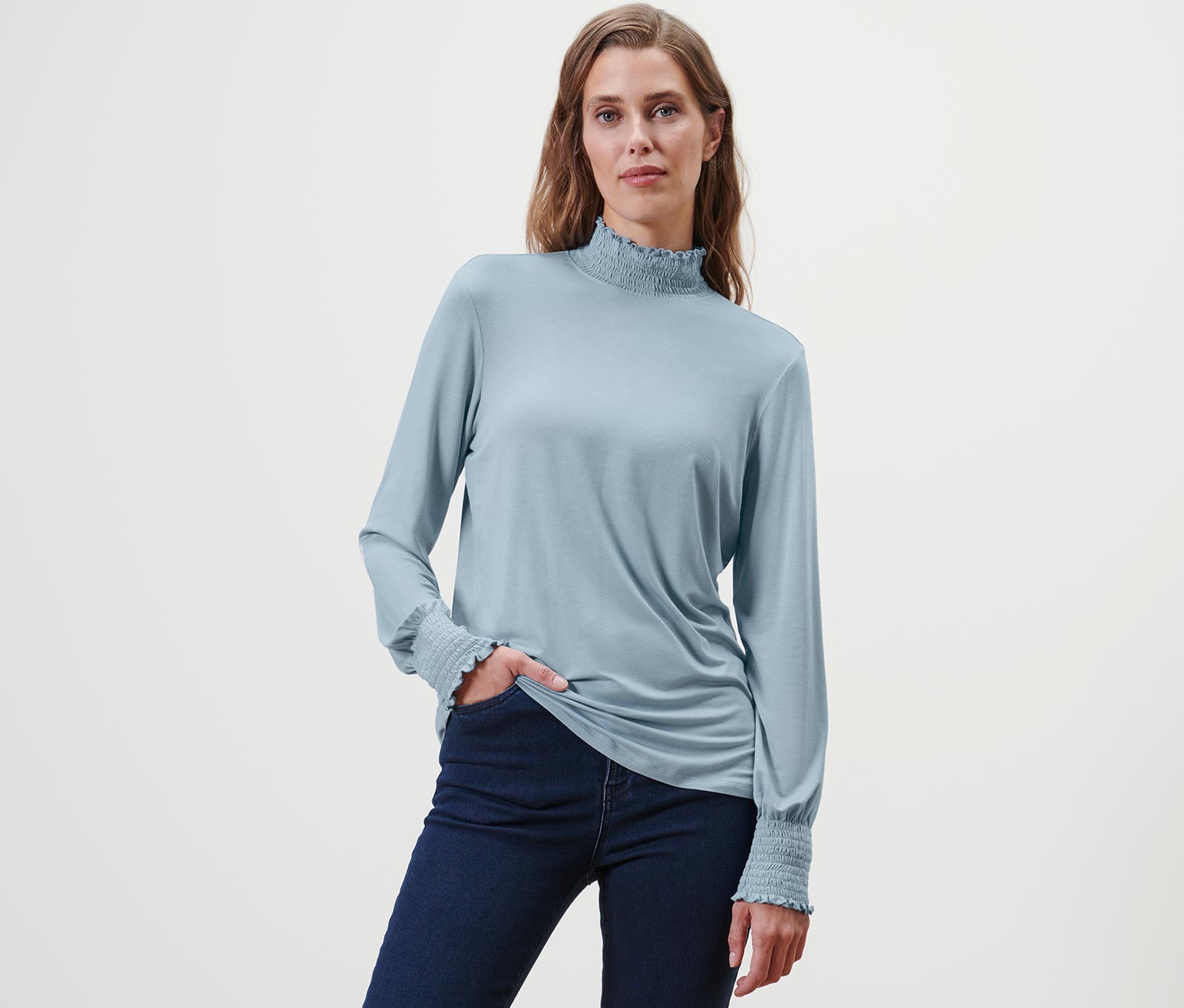 Blusenshirt mit Stehkragen, rauchblau