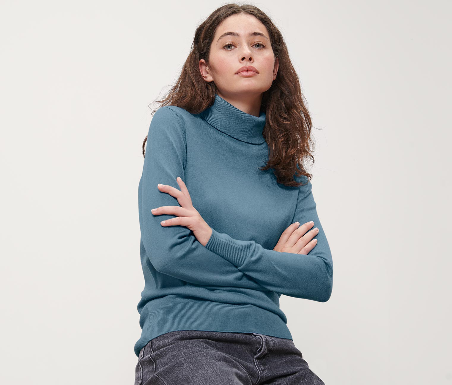 Feinstrick-Rollkragenpullover, rauchblau