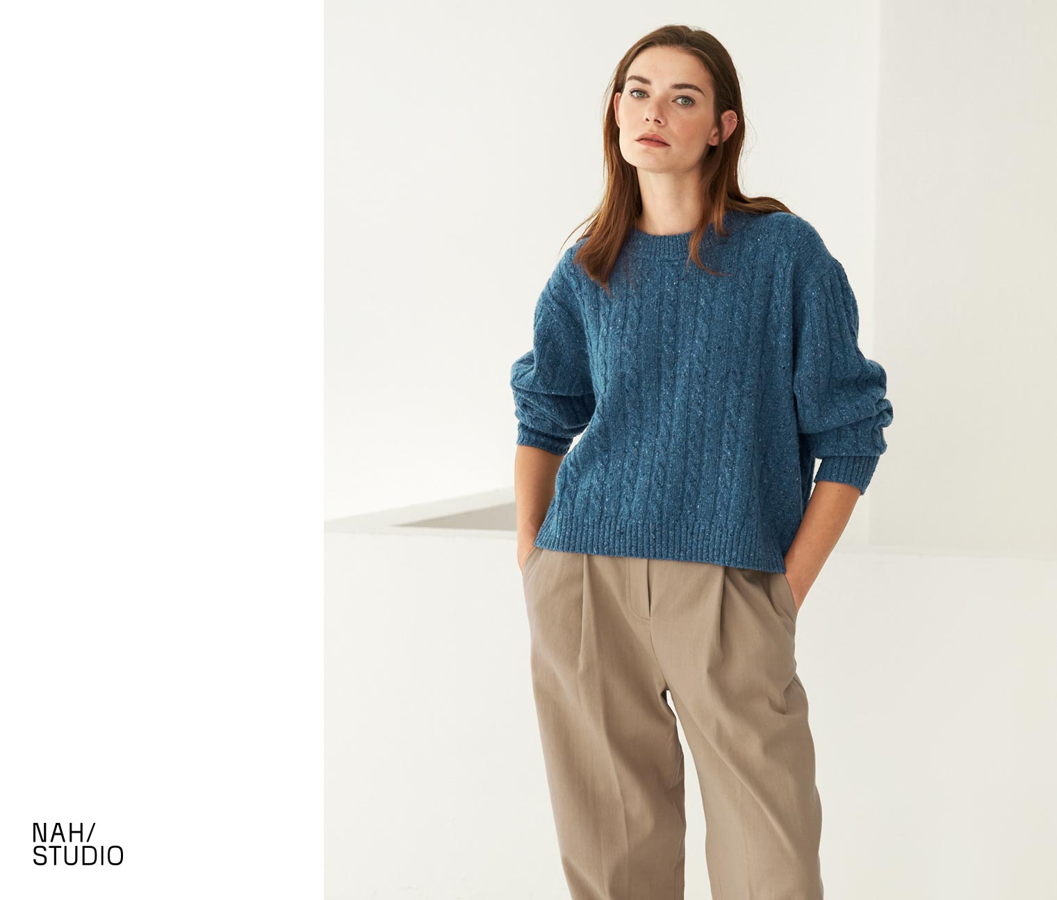 NAH/STUDIO Zopfmuster-Pullover | recycelter Cashmere und Merinowolle, blue melange