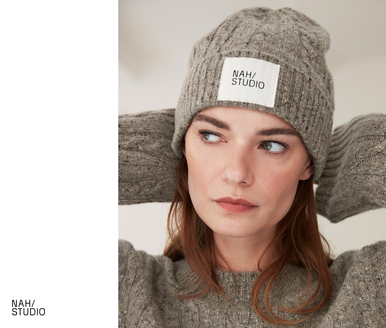 NAH/STUDIO Zopfmuster-Mütze | recycelter Cashmere und Merinowolle, hazelnut melange