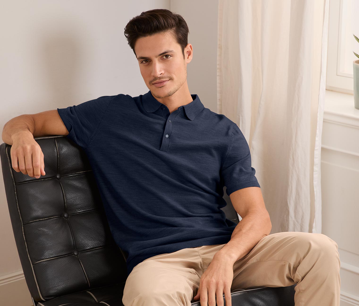 Merino-Poloshirt, navyfarben meliert