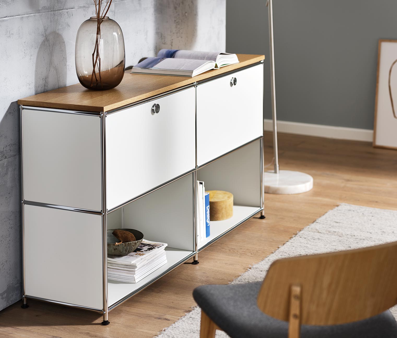 Sideboard Metall »CN3« mit Holzplatte und versetzbaren Klappenfächern, weiss