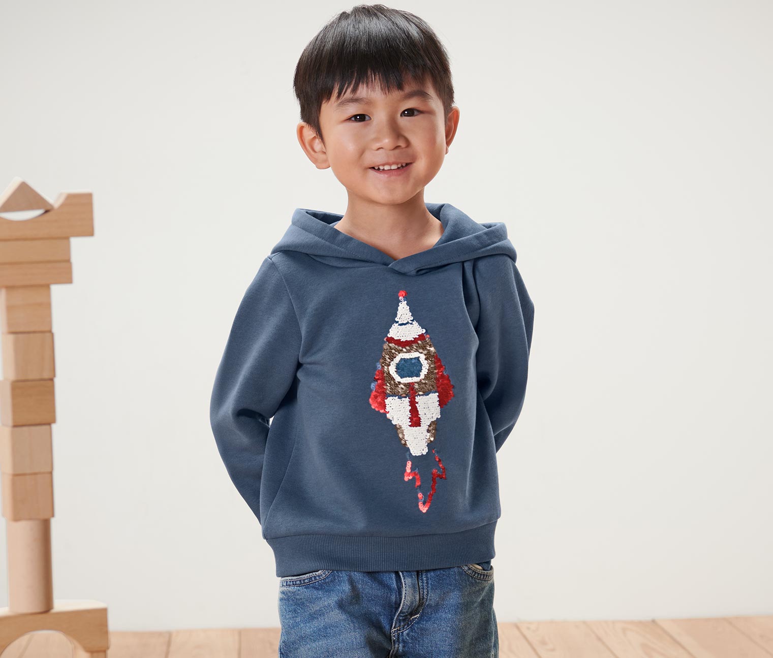 Kinder-Sweatshirt mit Wendepailletten oder Print, Rakete