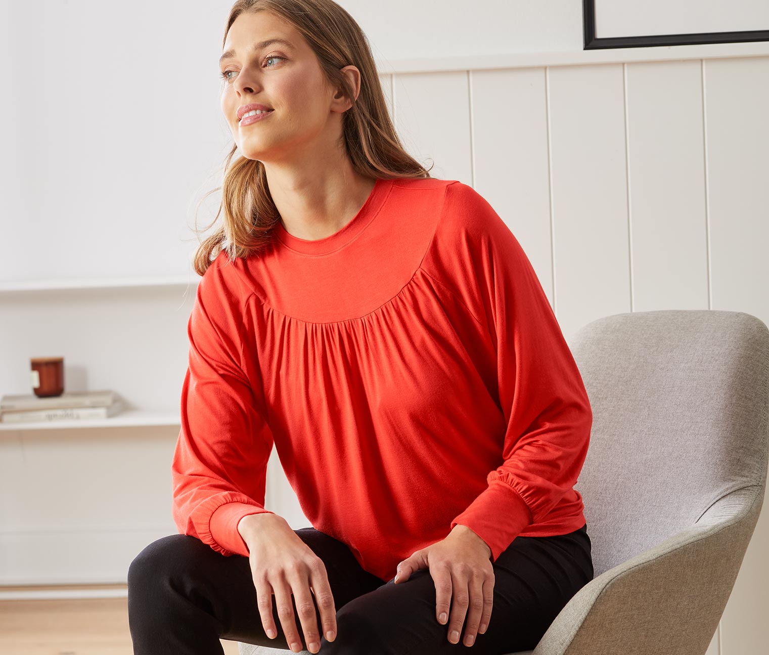 Blusenshirt mit Raffung, orange-rot