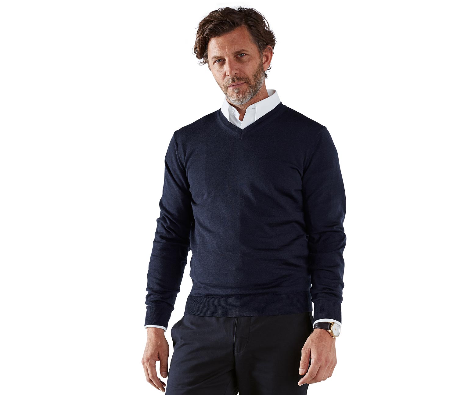 Merino-Pullover mit V-Neck, dunkelblau meliert