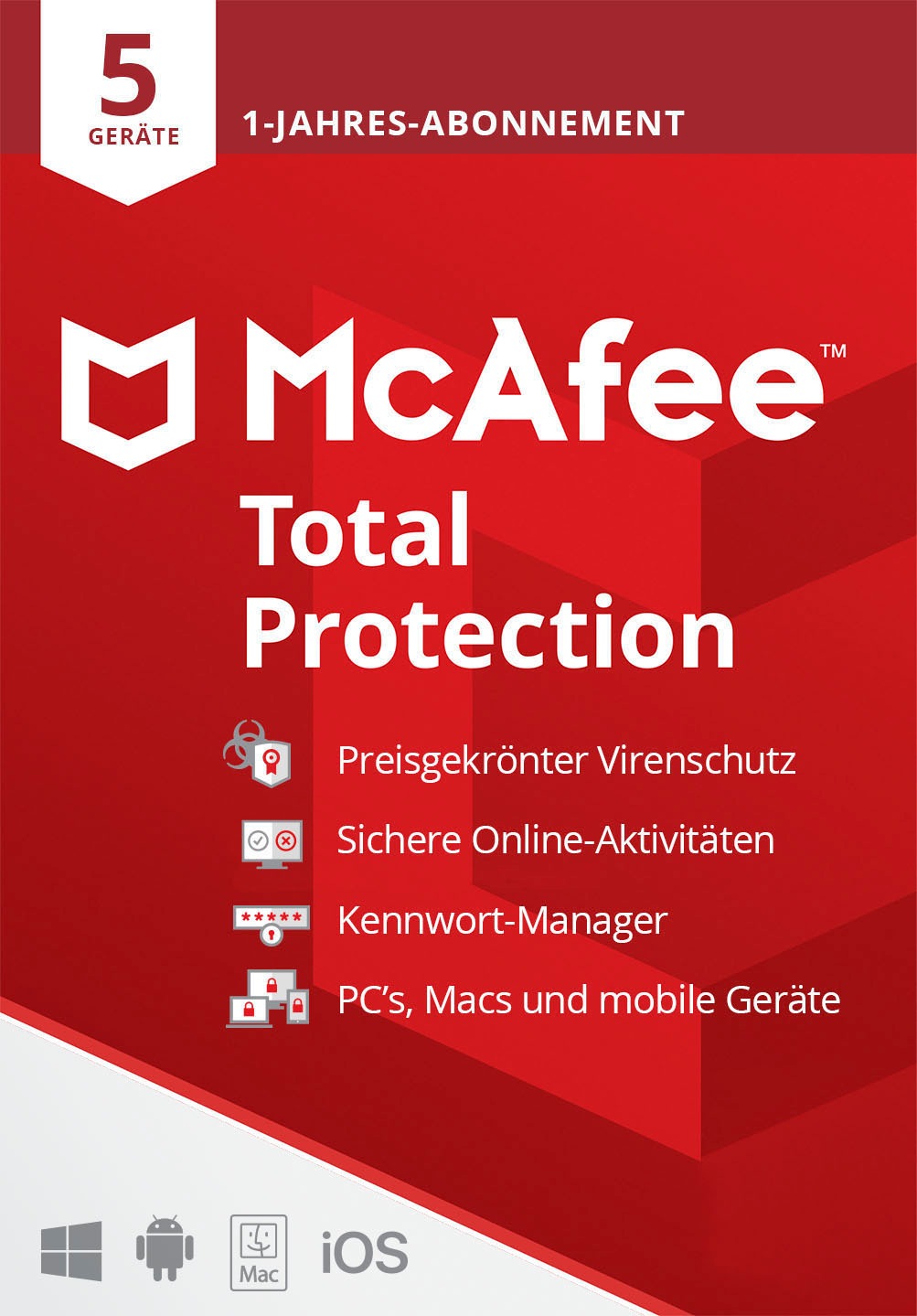McAfee Virensoftware »McAfee Total Protection 5 Geräte - 1 Jahr«, Download Code in einer Box / Windows, Mac, iOS, Android