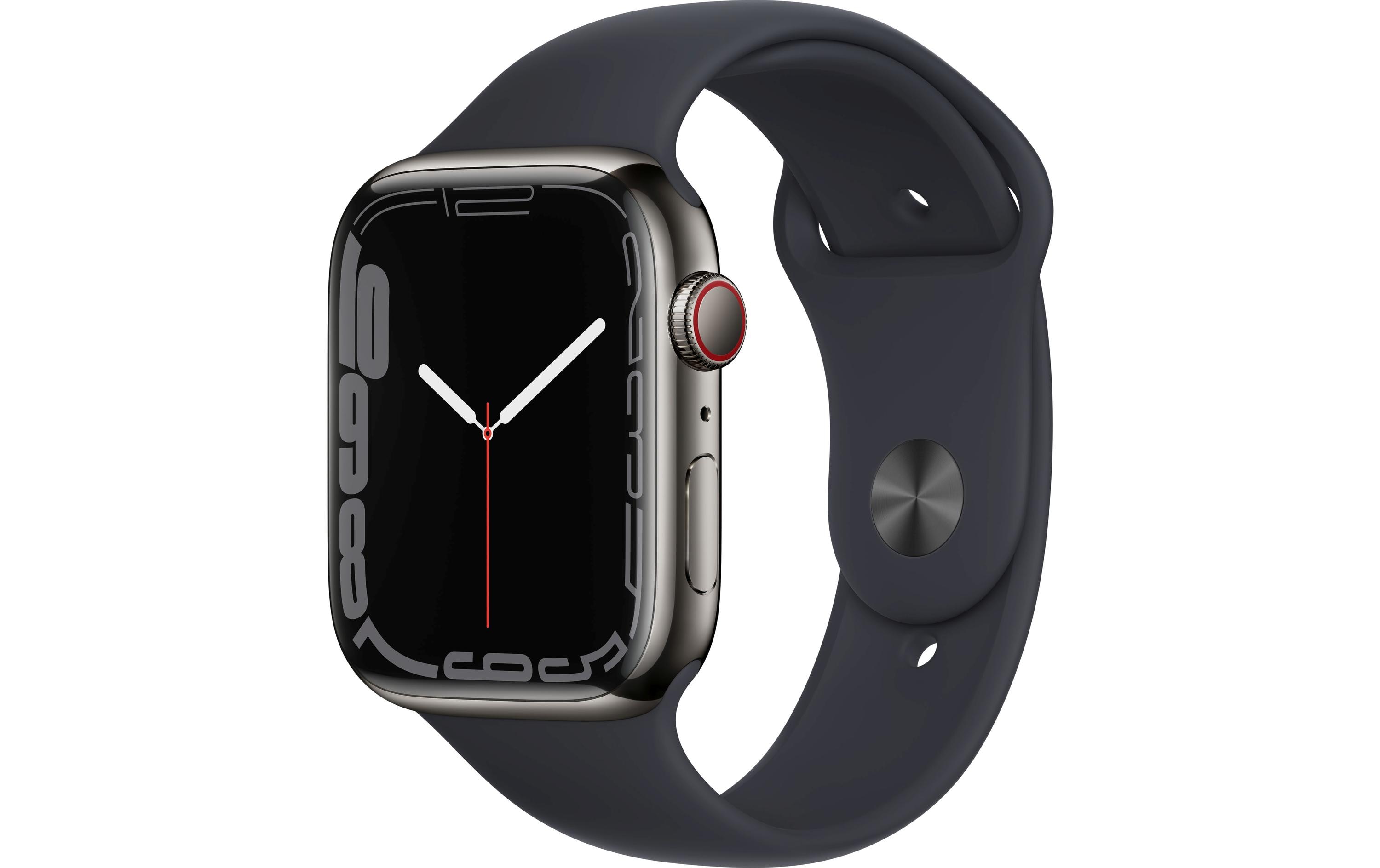 Apple Smartwatch »Series 7, GPS + Cellular, 45 mm Edelstahl-Gehäuse mit Sportarmband«, (Watch OS MNAX3FD/A)