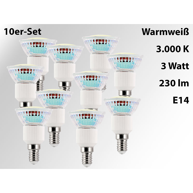 10er-Set LED-Spots, Sockel E14, 3 Watt, 230 Lumen, warmwei? (3000 K)