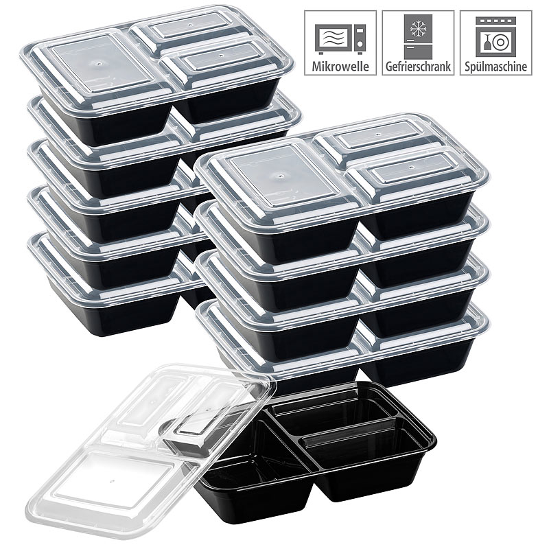 10er-Set Lebensmittel-Boxen mit je 3 Trennf?chern & Deckel, 1,2 l