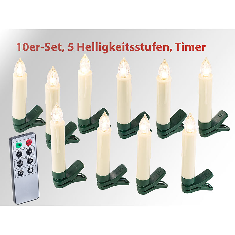 10er-Set LED-Weihnachtsbaum-Kerzen mit IR-Fernbedienung, Timer, wei?