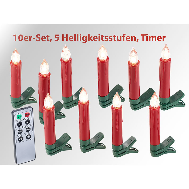 10er-Set LED-Weihnachtsbaum-Kerzen mit IR-Fernbedienung, rot
