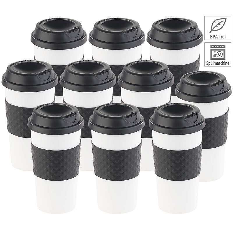 10er-Set Coffee-to-go-Becher, Deckel, 475 ml, doppelwandig, BPA-frei