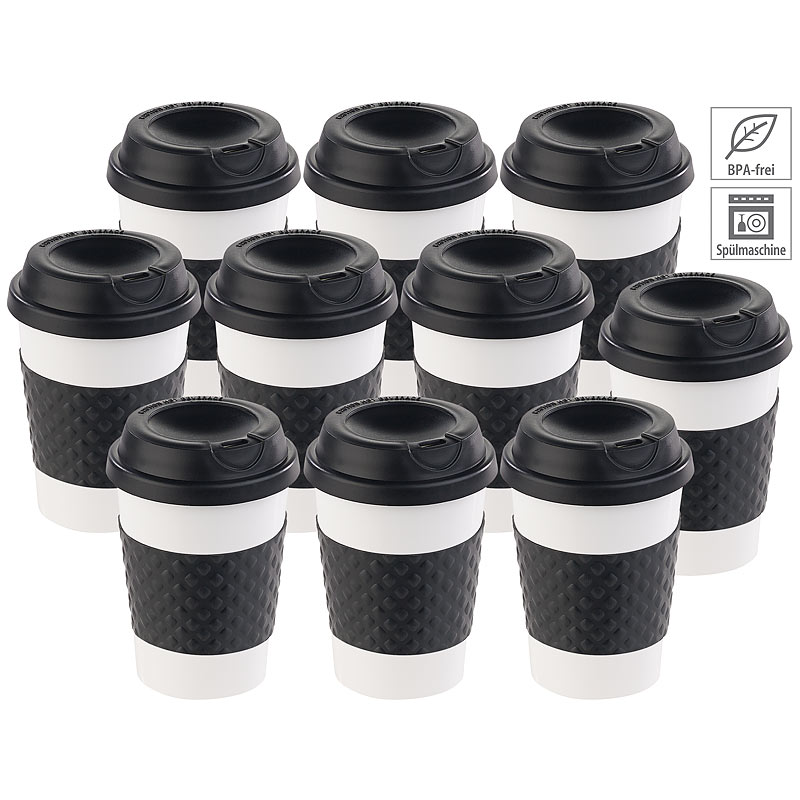 10er-Set Coffee-to-go-Becher, Deckel, 350 ml, doppelwandig, BPA-frei