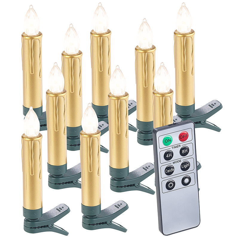 10er-Set LED-Weihnachtsbaum-Kerzen mit Fernbedienung und Timer, gold