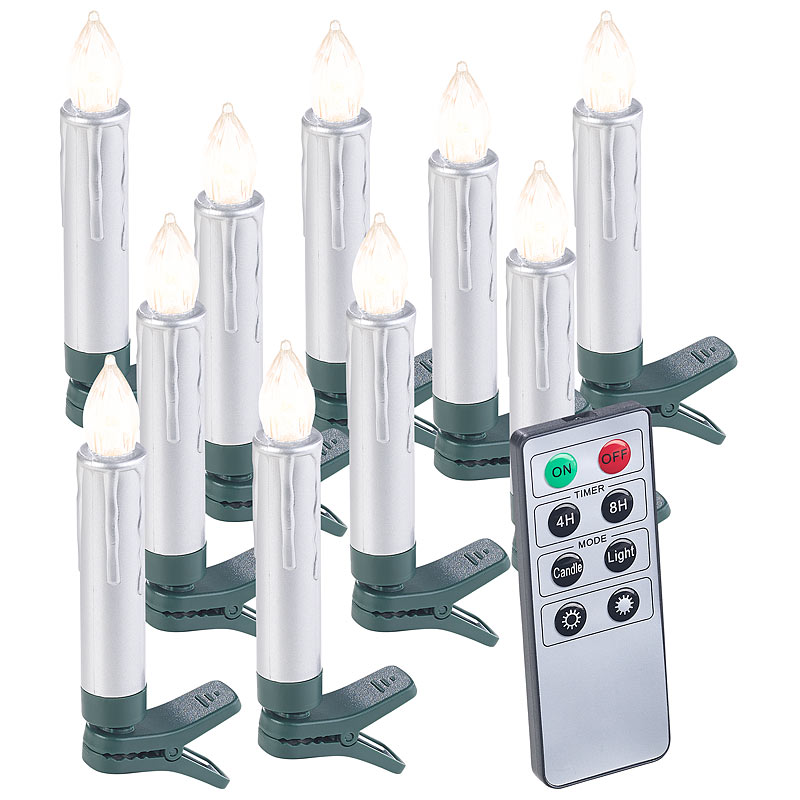 10er-Set LED-Weihnachtsbaum-Kerzen mit Fernbedienung und Timer, silber