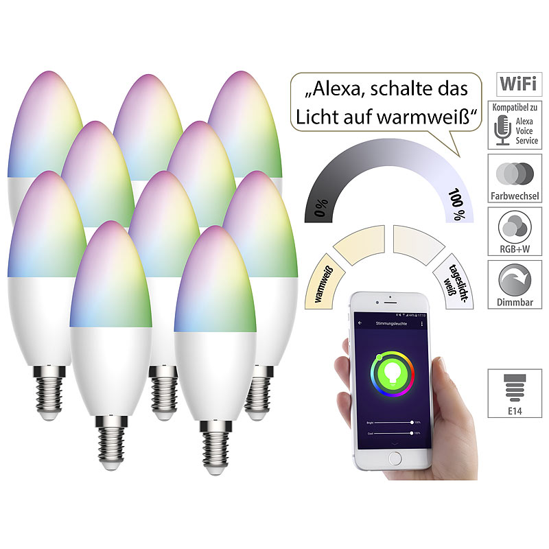 10er-Set WLAN-LED-Lampe f?r Amazon Alexa/Google Assistant, E14, 5,5 W