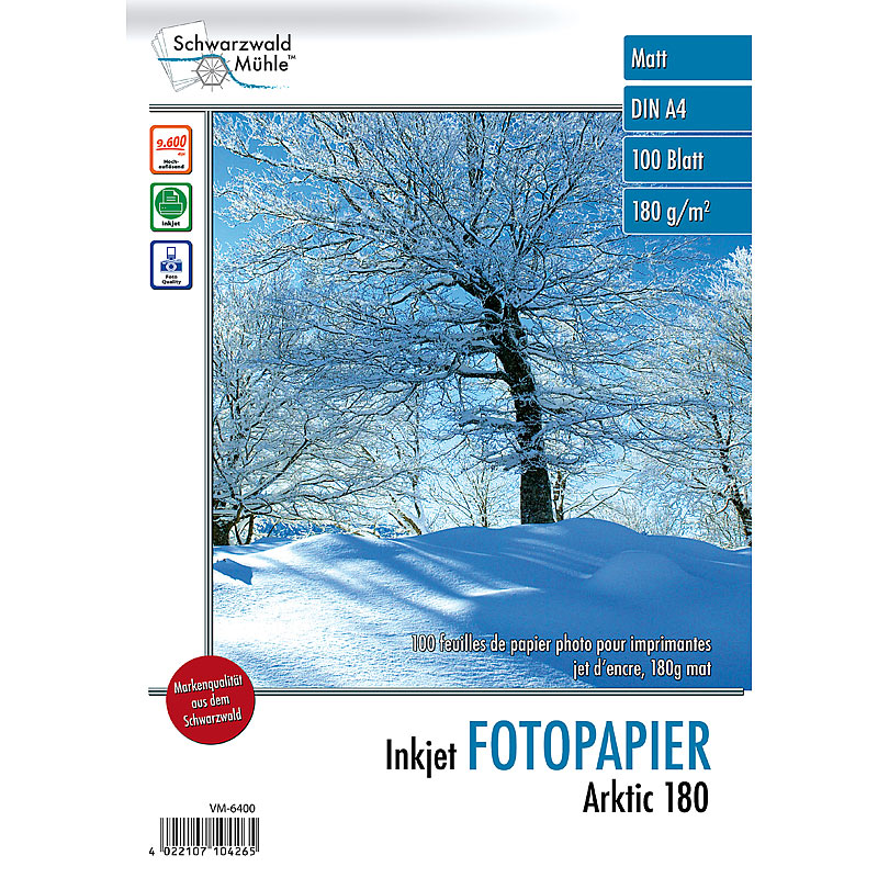 100 Blatt Inkjet-Fotopapier "Arktic" matt 180g/m? A4