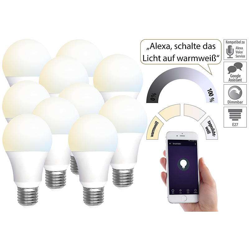 10 WLAN-LED-Lampen, E27, 800 lm, f?r Alexa & Google Assistant, CCT